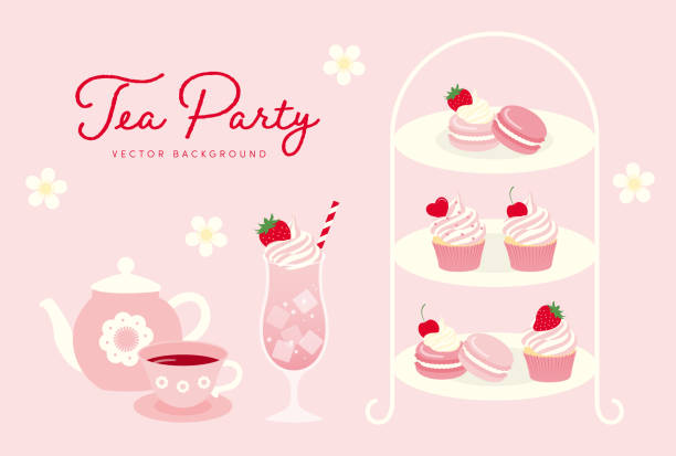 배너, 카드, 전단지, 소셜 미디어 월페이퍼 등을 위한 애프터눈 티와 과자 세트가 있는 벡터 배경. - flower cherry cup tea stock illustrations