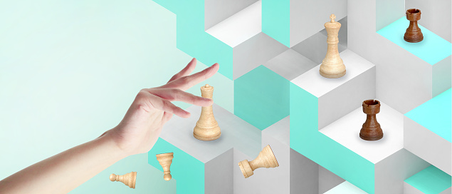 Creative idea and Business concept for chess leadership with business success goals concept on green background. Inspiration, copy space, digital, banner, website -3d Rendering.