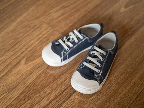 Pair of new blue sneakers isolated on white background.