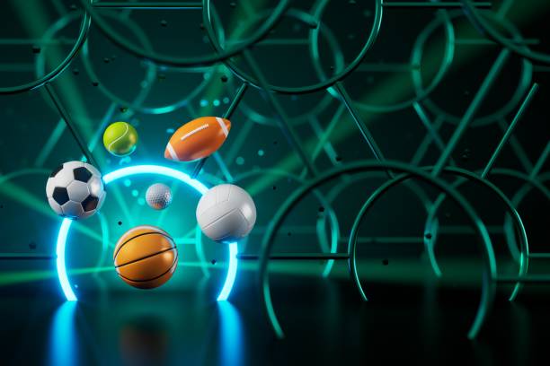 istock 3d sport rendering. background for a sports game. 3d illustration. realistic abstract backdrop. ball object. copy space. tennis soccer basketball golf rugby volleyball elements. neon concept design. 1452646551