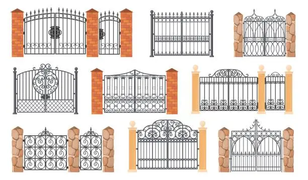 Vector illustration of Forged gates. Wrought gate, cartoon ornamental metal enclosure for house park or garden manor entrance antique iron fence with ironwork decorative railing, neat vector illustration