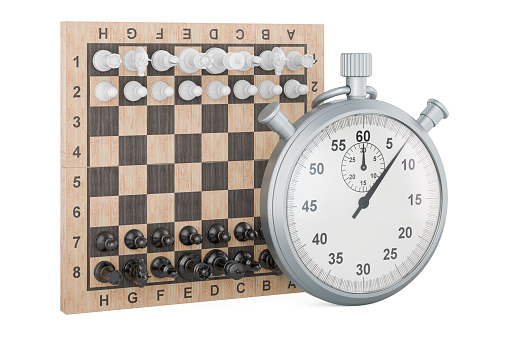 Chess with stopwatch. 3D rendering isolated on white background