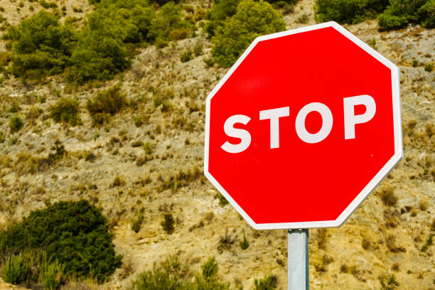 istock Stop sign by the road in mountains 1452650328
