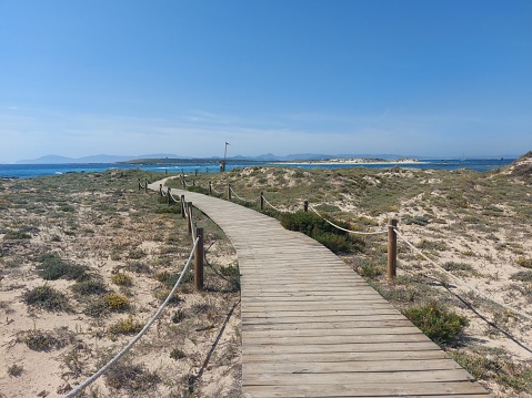 A view of a wooden path heading to the beach.