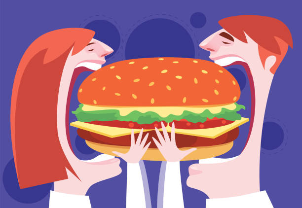 couple eating big hamburger vector illustration of couple eating big hamburger two burgers stock illustrations