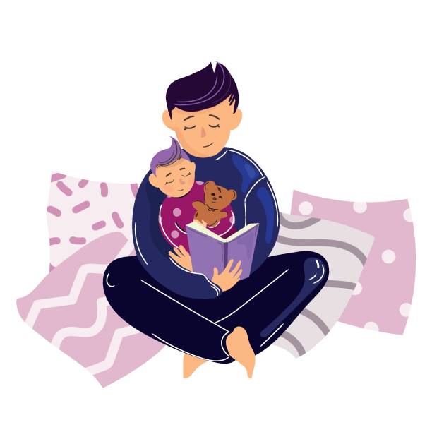 Web Father reading a book together with his son vector illustration in a modern cartoon style on a white background.Happy father's day,family day.Loving father with a child going to bed cartoon stock illustrations