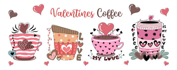 ilustrações, clipart, desenhos animados e ícones de ilustração vetorial conjunto café dos namorados projetado em um fundo branco para a decoração do tema do dia dos namorados - valentine candy