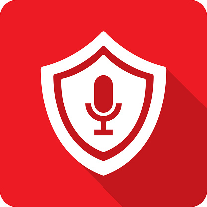 Vector illustration of a shield with microphone icon against a red background in flat style.