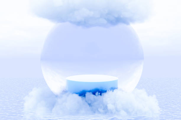 istock Abstact 3d render winter scene and Natural podium background, podium with empty glass ball on the sea and cloud on the top for product display advertising or etc 1452655442