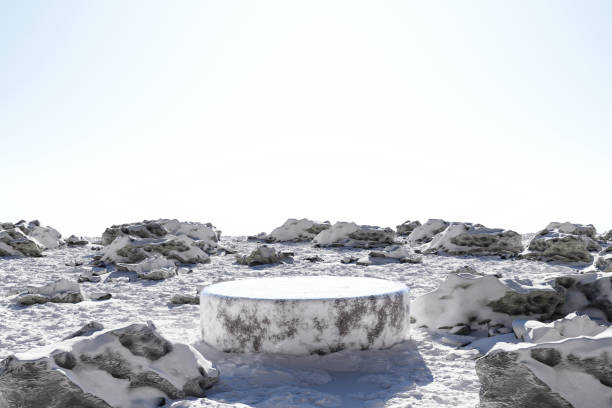 istock 3d render platform and ice podium background on ice snow ground with rock and stone in winter for product stand display advertising cosmetic beauty products or skincare with empty round stage 1452655450