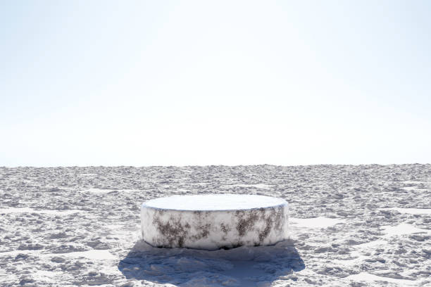 istock 3d render platform and ice podium background on ice snow ground with clear sky in winter for product stand display advertising cosmetic, beauty products, skincare or etc with empty round stage 1452655451