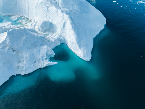 icebergs floating, textures and color from aerial view