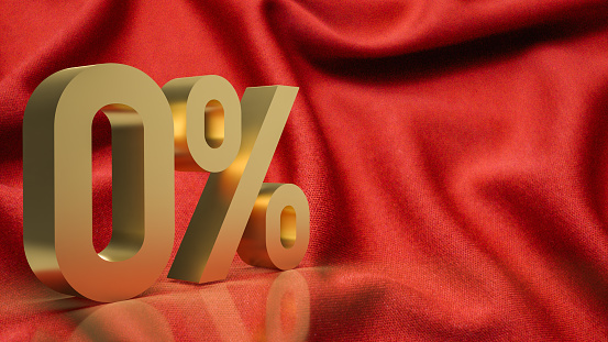 gold  zero percent on red silk background  3d rendering