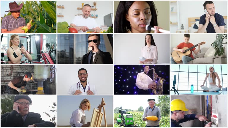 Montage of people of different races, on multiple screens, a diverse group of professional people