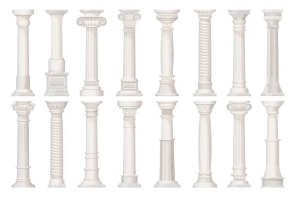 Cartoon antique pillars. Old roman or greek pillar on pedestal, ancient carving stone column ancient temple sculptures or house baroque architecture, ingenious vector illustration Cartoon antique pillars. Old roman or greek pillar on pedestal, ancient carving stone column ancient temple sculptures or house baroque architecture, ingenious vector illustration of old pillar marble cartoons stock illustrations