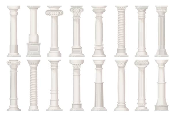 Cartoon antique pillars. Old roman or greek pillar on pedestal, ancient carving stone column ancient temple sculptures or house baroque architecture, ingenious vector illustration Cartoon antique pillars. Old roman or greek pillar on pedestal, ancient carving stone column ancient temple sculptures or house baroque architecture, ingenious vector illustration of old pillar natural column stock illustrations