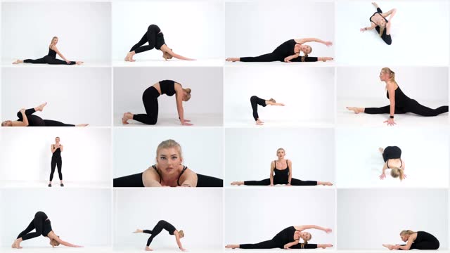 Video collage, a set of exercises, a slim young girl trains the whole body at home. A fitness trainer