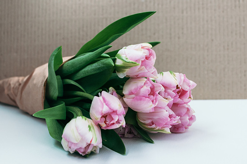 A bouquet of pink peony tulip flowers lying on white table. Natural soft light. Close-up, selective focus