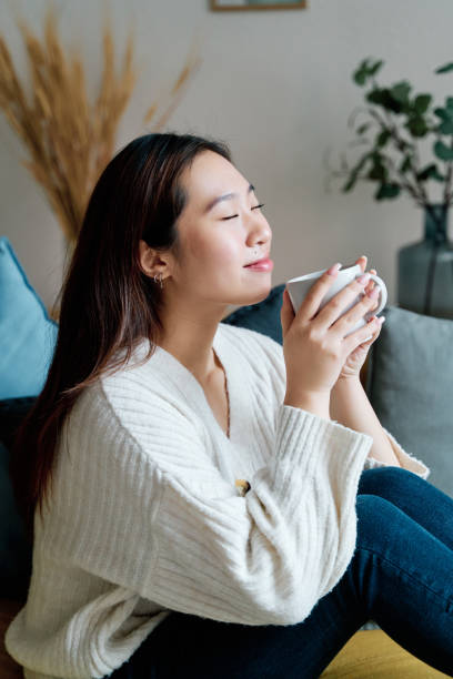 istock Asian woman applying lipstick on sofa 1452662842