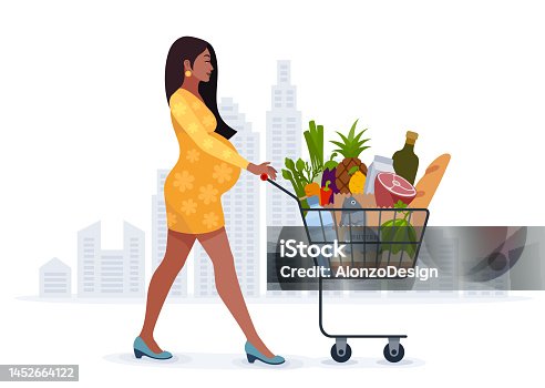 istock Pregnant Woman Shopping Groceries.  Future Indian Mother. 1452664122