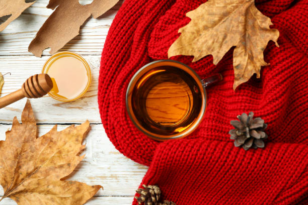 istock Cozy autumn concept background with tea drink 1452665752