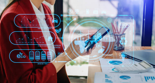 istock Business working with reduce CO2 concept with icons, global warming such as reforest green factory recycle and zero carbon dioxide emission concept. with VR icon 1452666596