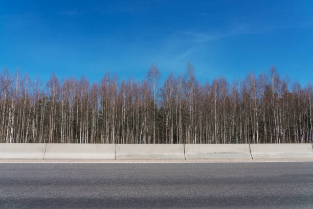 Concrete guard rail barrier mounted on highway against forest and blue sky. Road safety equipment concept.