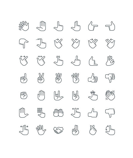 Hand Gestures outline icons Set of Hand Gestures outline icons. 42 vector icons. hand snapping fingers stock illustrations