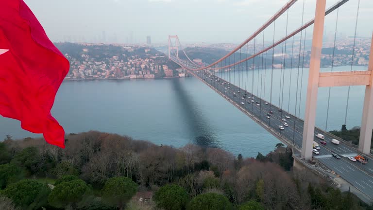 Aerial View of Turkish Flag Waving in Front of the Istanbul Bosphorus Bridge at Sunrise 4K Drone Footage