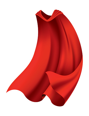 Superhero red cape in front view. Scarlet fabric silk cloak. Mantle costume or cover cartoon vector illustration.