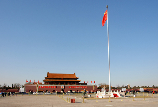 Tiananmen Square, Beijing, China and Gate of Heavenly Peace (Tian An Men). Tiananmen Square is a famous landmark in Beijing. Tiananmen leads to the Forbidden City.