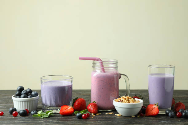 istock Concept of breakfast with smoothie on rustic wooden table 1452669530