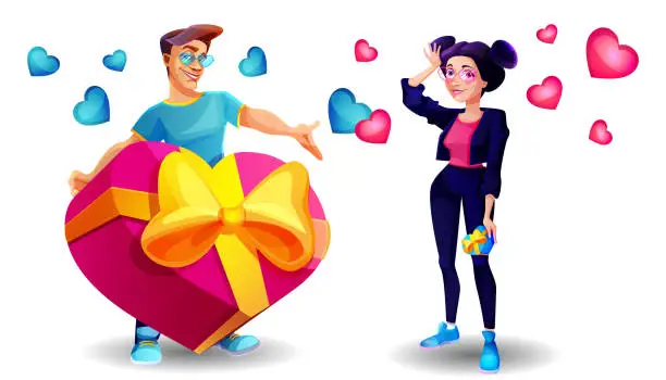 Vector illustration of Happy Valentine's Day in cartoon style. Young beautiful couple of boyfriend and girlfriend with gifts and hearts on isolated white background with space for text.