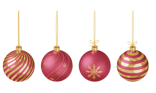 Set of 3D render Christmas toys. Top view. Red and gold Christmas balls on a golden ribbon. Festive decoration of Christmas and New Year cards, invitations, leaflets. Isolated on a white background.