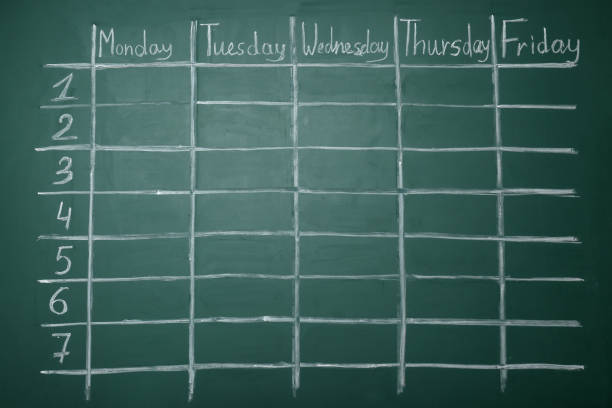 istock Weekly school timetable drawn on green chalkboard 1452670983