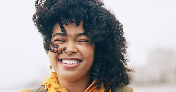 Happy black woman, portrait smile and teeth in happiness for travel, trip or adventure in the outdoors. Female face smiling in satisfaction, joy or positive attitude for traveling or break on mockup