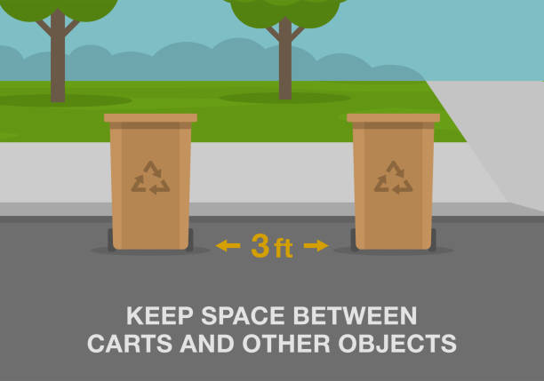 Residential waste and recycling or trash pickup service rules. Correct placement of containers. Residential waste and recycling or trash pickup service rules. Correct placement of containers. Keep space between carts and other objects. Flat vector illustration template. curb stock illustrations