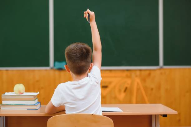 istock Elementary school boy at classroom desk trying to find new ideas for schoolwork. 1452678213
