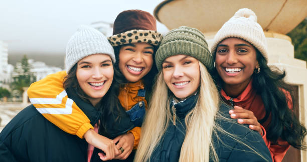 happy, women and portrait of friends in the city on a vacation, adventure or journey in canada. happiness, travel and young female group with a smile having fun on a tour of a urban town in montreal. - friendship women group of people 20s imagens e fotografias de stock