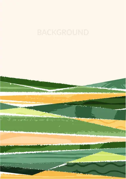 Vector illustration of Abstract farm agriculture vertical template. Green field pattern, eco background, nature landscape vector illustration with texture. Farmland collage for leaflet, booklet. Ecology backdrop, card