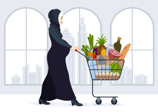 Pregnant Woman Shopping Groceries. Future Muslim Mother . Future Muslim Mother . Pregnant Woman Pushing A Shopping Cart With Groceries Item Inside. fruit of islam stock illustrations