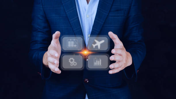 istock Businessman holding touching to select flight by pressing touch screen airplane button,Business Airplane transportation concept 1452682652