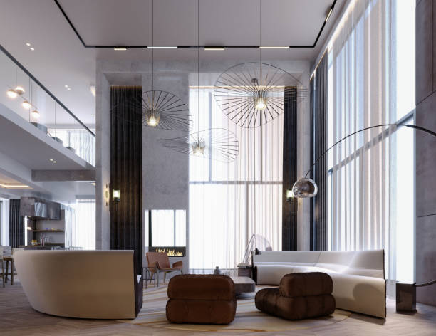 istock 3d rendering,3d illustration, Interior Scene and  Mockup,living room interior modern,concrete fireplace. 1452684771