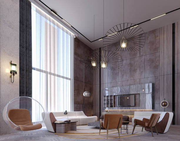 istock 3d rendering,3d illustration, Interior Scene and  Mockup,living room interior modern,concrete fireplace. 1452684777