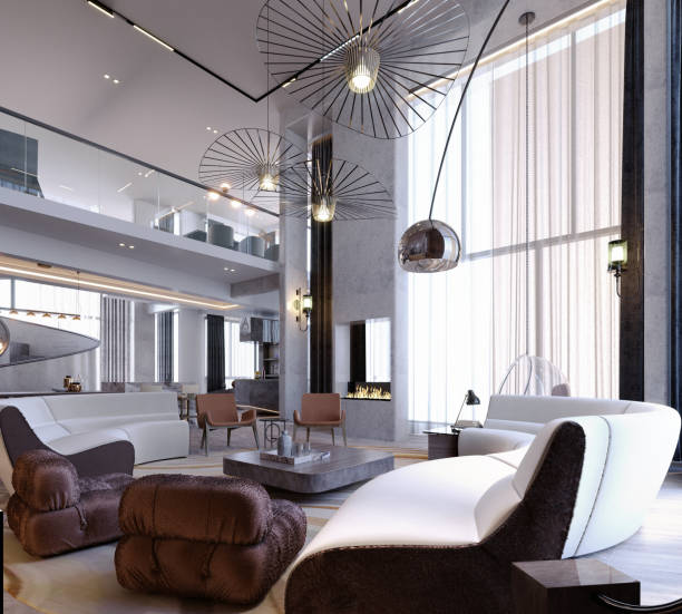 istock 3d rendering,3d illustration, Interior Scene and  Mockup,living room interior modern,concrete fireplace. 1452684786