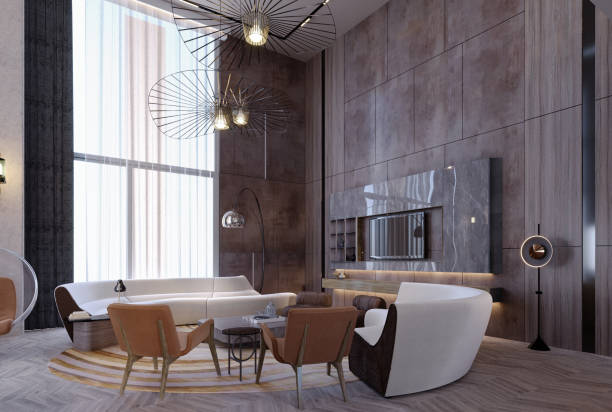 istock 3d rendering,3d illustration, Interior Scene and  Mockup,living room interior modern,concrete fireplace. 1452684805