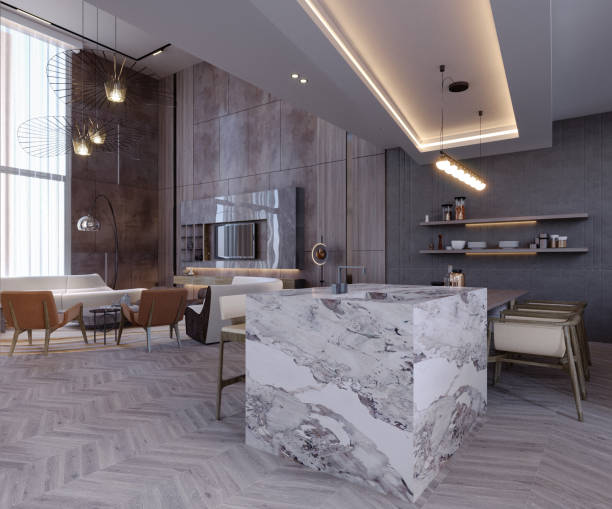 istock 3d rendering,3d illustration, Interior Scene and  Mockup,kitchen bar render,food prep interior,dining corner. 1452684810