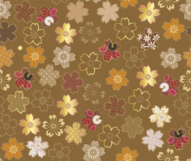 Vector illustration of Gold sakura flower blossom, Japanese traditional textile pattern seamless blue background design.