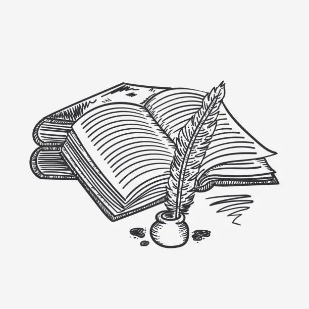 Vector illustration of Ink drawinf, hand drawn vector illustration of and open book and a quill