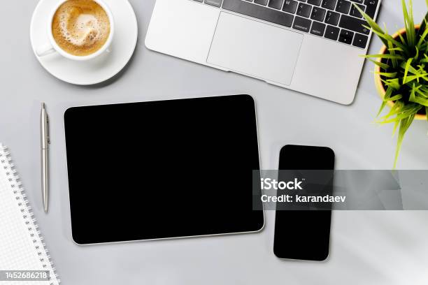 Tablet And Smartphone With Blank Screen Stock Photo - Download Image Now - Digital Tablet, Telephone, Table